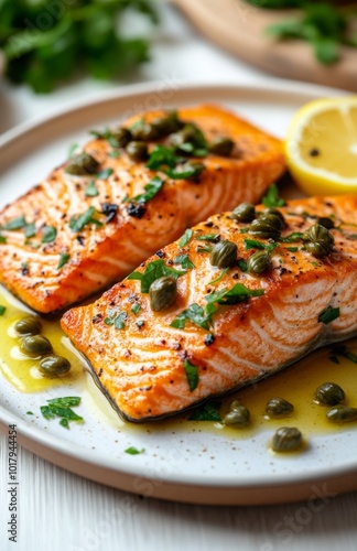 Seared Salmon Fillet with Lemon Caper Sauce on Plate