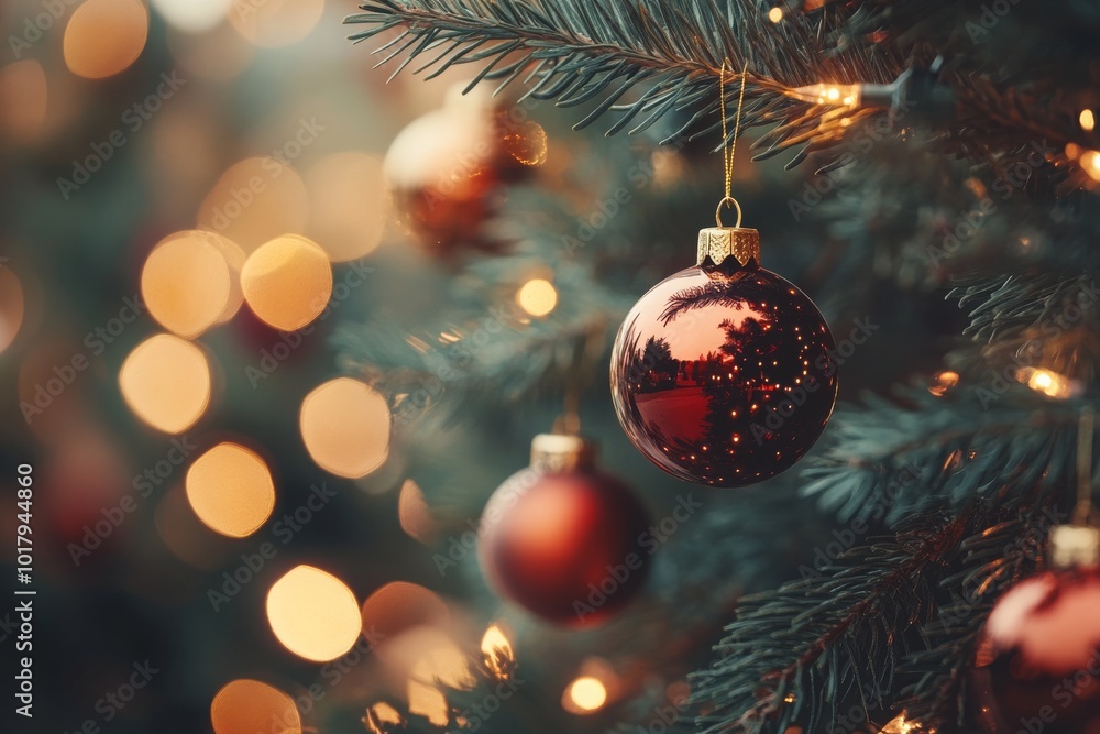 Christmas Tree With Baubles And Blurred Shiny Lights. MZ Christmas Tree With Baubles And Blurred Shiny Lights. MZ