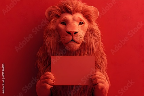 Majestic Lion Holding Blank Placard Against Vivid Crimson Backdrop in Surreal 3D photo