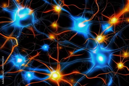 Abstract representation of neurons with glowing blue and orange colors on a black background.