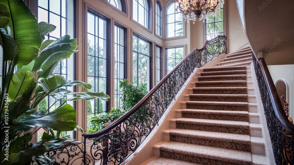 An elegant staircase with a plush carpet runner An elegant staircase with a plush carpet runner