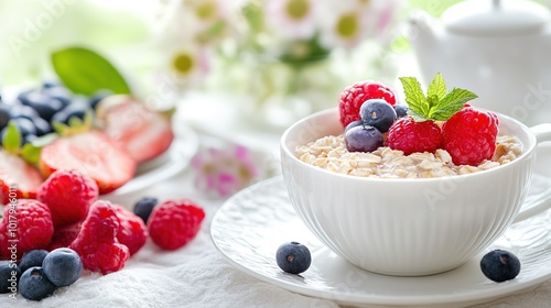 Breakfast bowl of oatmeal topped with fresh berries and mint on a bright morning table setting with flowers