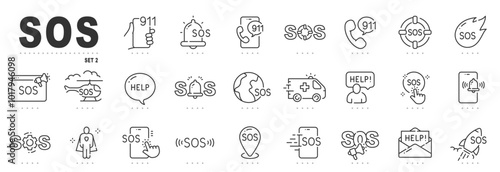Set of sos related line icons. Emergency, call, alarm, warning etc. Editable stroke. Set 2