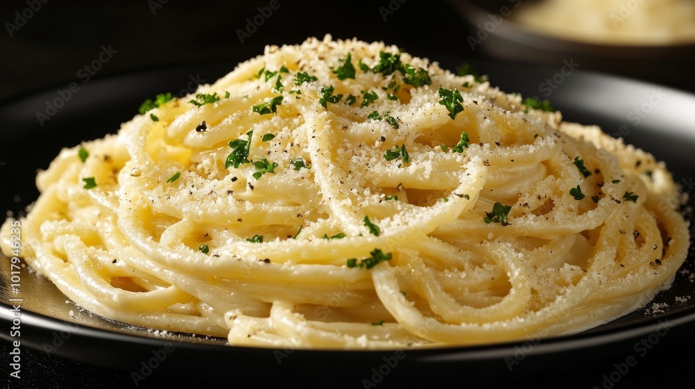 A close-up view of a serving of spaghetti topped with parmesan cheese and fresh parsley, artfully arranged on a black plate, capturing a classic Italian dish. A close-up view of a serving of spaghetti topped with parmesan cheese and fresh parsley, artfully arranged on a black plate, capturing a classic Italian dish.