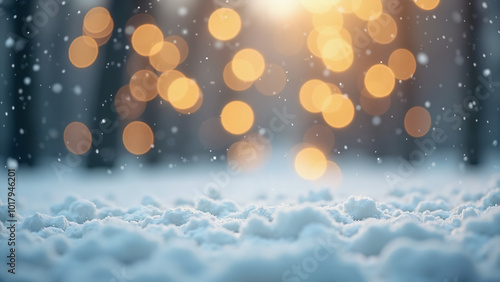 Magical Winter Scene: Snowy Foreground with Blurred Christmas Lights - Perfect for Holiday Cards or Festive Advertisements