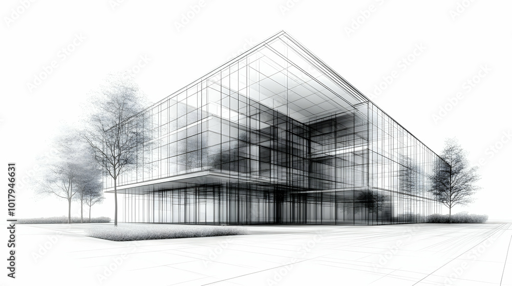 A modern architectural design featuring glass and greenery. A modern architectural design featuring glass and greenery.