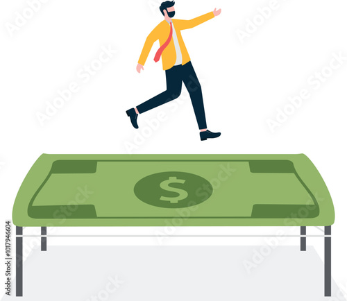 Businessman jumping on money trampoline, business concept illustration


