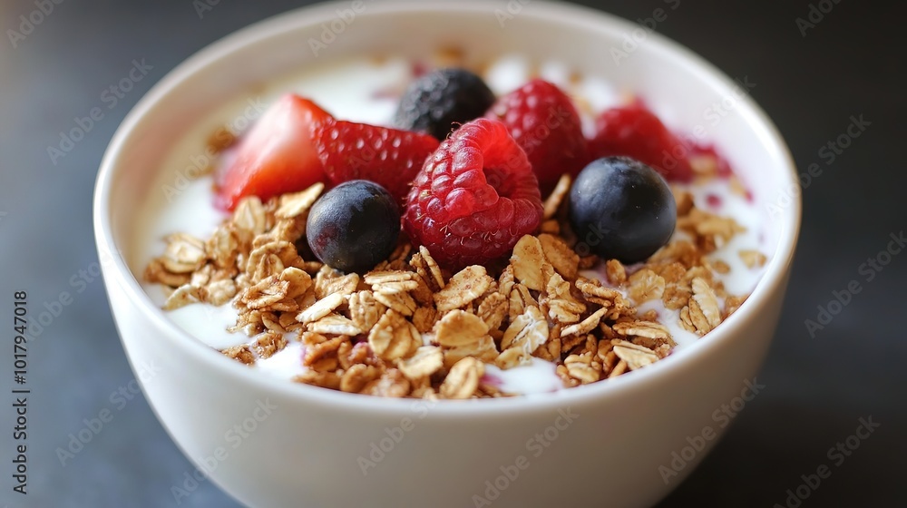 Healthy breakfast bowl with granola, berries, and yogurt served in a rustic setting with a spoon on a gray table Healthy breakfast bowl with granola, berries, and yogurt served in a rustic setting with a spoon on a gray table