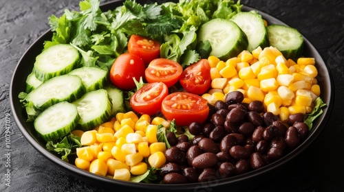 A colorful salad with cucumbers, cherry tomatoes, corn, black beans, and leafy greens, offering a fresh, healthy, and balanced meal for health-conscious individuals.