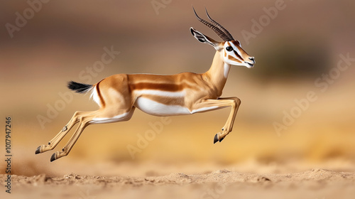 A high-resolution image of a springbok antelope with curved horns in mid-air, leaping across a dry, sandy landscape, highlighting its agility and grace. photo