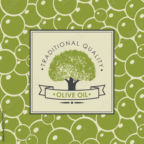 Vector banner or label for extra virgin olive oil with realistic olive tree and handwritten inscriptions on background with green olives in retro style