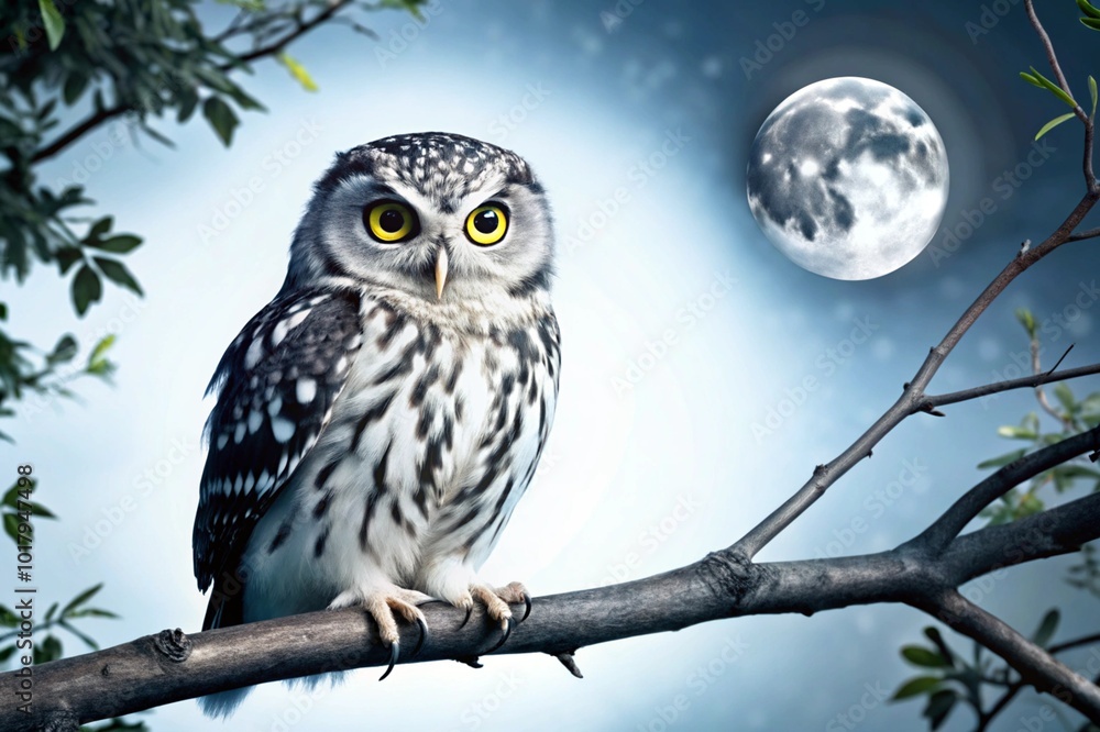 Fototapeta premium Photograph a glowing-eyed owl perched silently on a branch in a dark forest, with moonlight filtering through the leaves.
