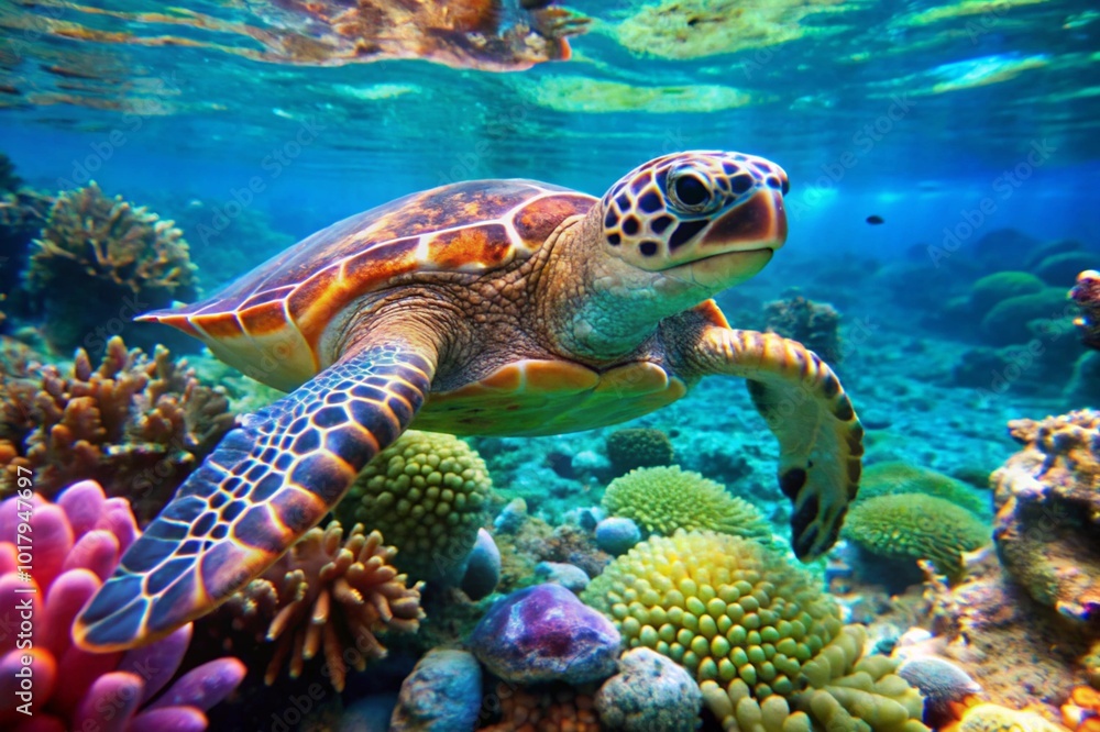 Capture a close-up of a sea turtle gliding gracefully through crystal-clear water, surrounded by colorful coral reefs.
Capture a close-up of a sea turtle gliding gracefully through crystal-clear water, surrounded by colorful coral reefs.