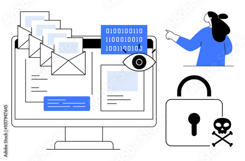 Computer screen with emails, a binary code, and an eye icon. Person points to a security lock and skull. Ideal for technology, cybersecurity, email threat protection, online privacy, data security