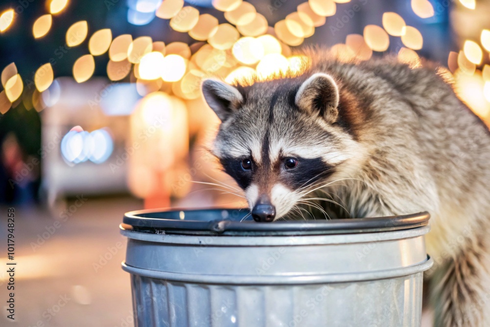 Showcase a raccoon rummaging through a city trash can at dusk, with neon lights reflecting on its fur.