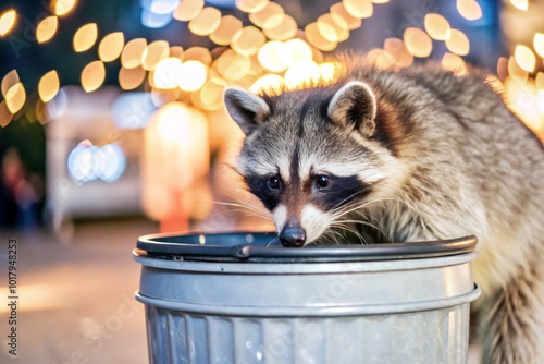 Obraz na płótnie Showcase a raccoon rummaging through a city trash can at dusk, with neon lights reflecting on its fur.
w salonie