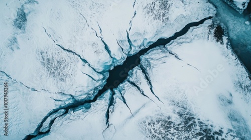 Aerial view of a glacier surrounded by snow, cracks and crevices visible in the ice