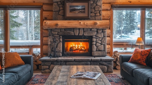 A cozy log cabin room featuring a rustic stone fireplace with a lively fire and large windows displaying a snowy landscape, creating a warm, inviting atmosphere. photo