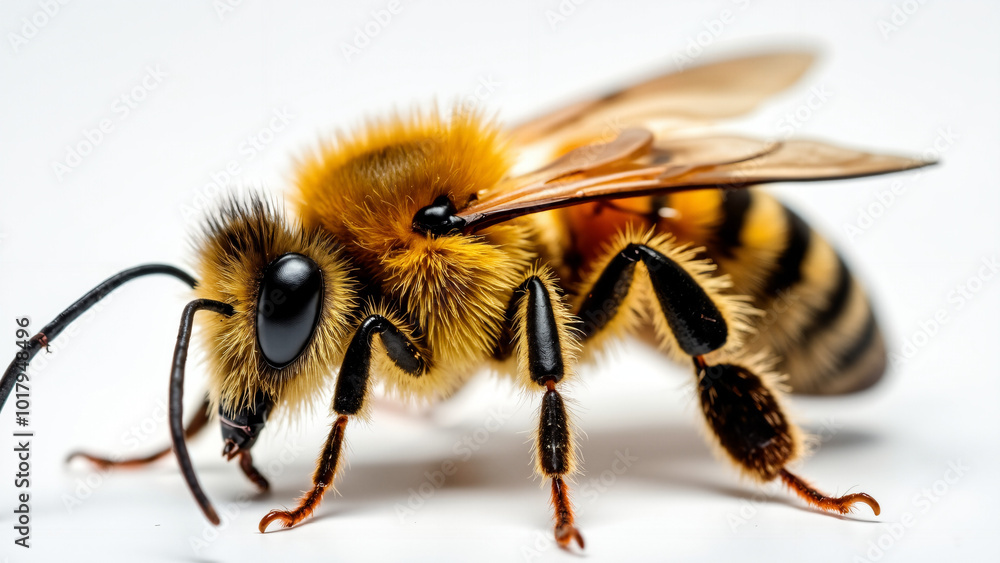 Intricate Close-up of Honey Bee Anatomy: Golden-Brown Fuzzy Body, Compound Eyes, and Delicate Wings Intricate Close-up of Honey Bee Anatomy: Golden-Brown Fuzzy Body, Compound Eyes, and Delicate Wings