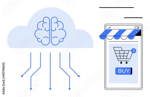 Brain cloud with electronic connections next to a smartphone displaying a shopping cart with three items ready to buy. Ideal for e-commerce, artificial intelligence, cloud computing, technology