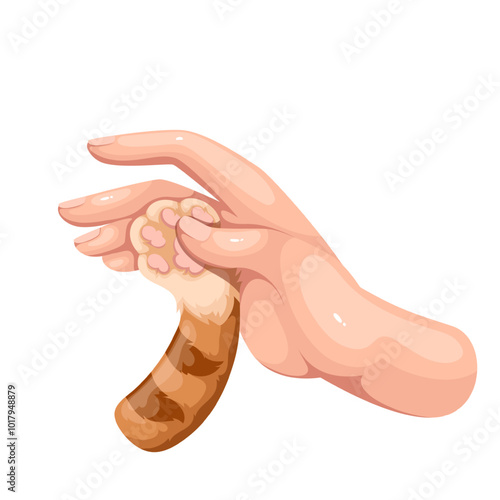 Touch of cartoon cats paw and human hand. Gesture of trust and care between animal and man. Love, veterinary help and support mascot, cartoon tabby cat and pet owner play together vector illustration
