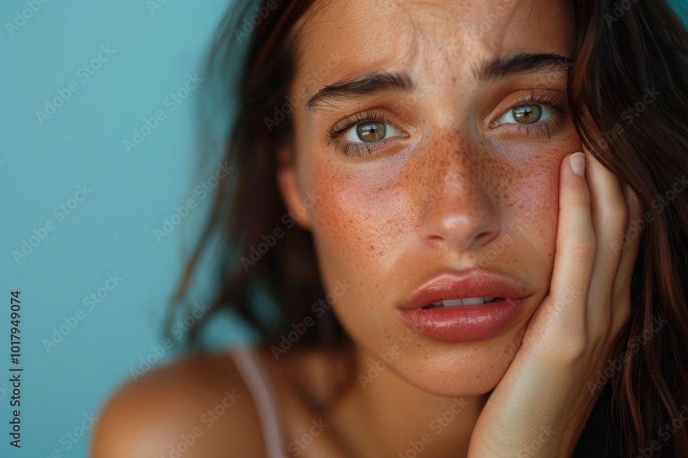 Young woman with freckles shows a contemplative expression against a blue background during daylight. Copy space Young woman with freckles shows a contemplative expression against a blue background during daylight. Copy space