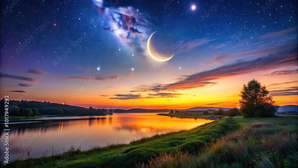 Naklejka premium Majestic crescent moon over a serene landscape illuminated by soft twilight glow and shimmering stars
