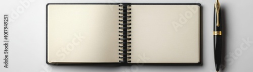 A blank spiral notebook and a pen on a clean white background, ideal for writing, planning, or doodling.