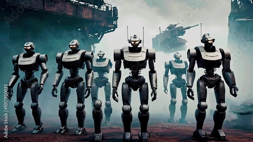 Wallpaper Mural A group of futuristic robots stand in a dusty, post-apocalyptic landscape. Torontodigital.ca