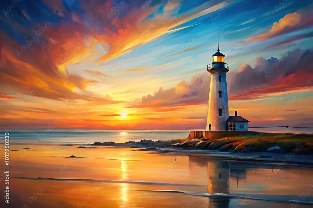 Abstract art painting of a lighthouse at sunset Abstract art painting of a lighthouse at sunset