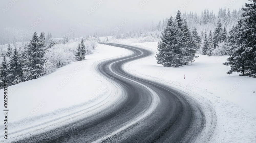 Snow-covered road winding through terrain, trees blanketed in white, aerial shot Snow-covered road winding through terrain, trees blanketed in white, aerial shot