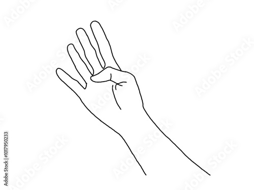 Palm with four fingers extended. Black and white drawing.