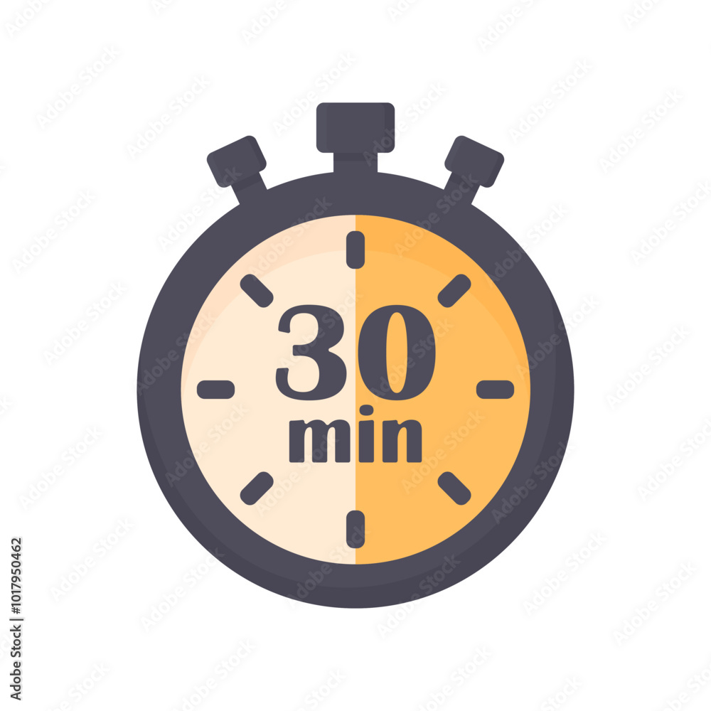 Timer with 30 minutes in cartoon style on white background isolated. Fast delivery symbol. Time limit sign. Beautiful timer. Timer with 30 minutes in cartoon style on white background isolated. Fast delivery symbol. Time limit sign. Beautiful timer.