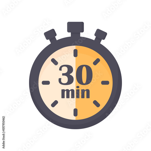 Timer with 30 minutes in cartoon style on white background isolated. Fast delivery symbol. Time limit sign. Beautiful timer.