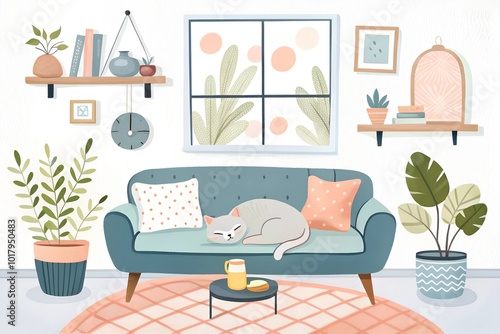 Wallpaper Mural Cozy living room interior with sleeping cat on sofa illustration style Torontodigital.ca