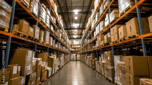 Vast Warehouse with Stacked Boxes and Organization