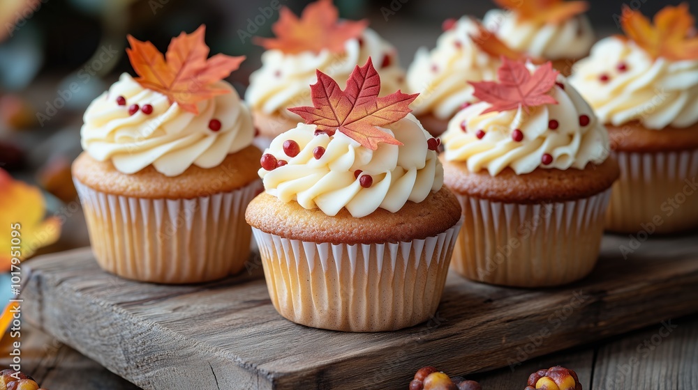 Pumpkin spice cupcakes topped with edible autumn leaves Pumpkin spice cupcakes topped with edible autumn leaves