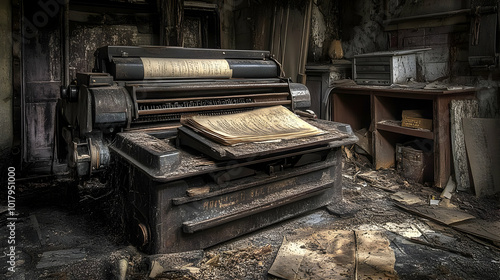 Abandoned Vintage Printing Press in a Dusty Room. photo