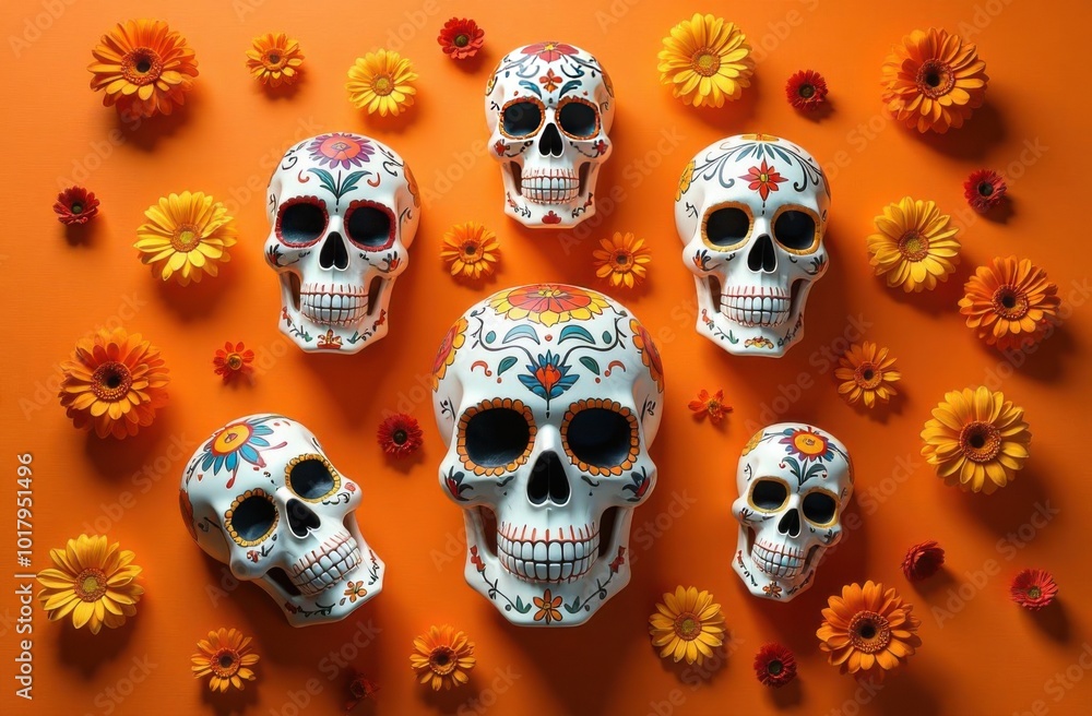 November 1 holiday Day of the Dead, Sugar skull and marigold flowers on orange background, Dia De Los Muertos, Halloween celebration background. Copy space November 1 holiday Day of the Dead, Sugar skull and marigold flowers on orange background, Dia De Los Muertos, Halloween celebration background. Copy space