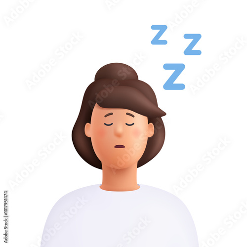Woman sleeping and snoring with open mouth and with noise sound zzz's. Sleep apnea, snoring, medical health concept.