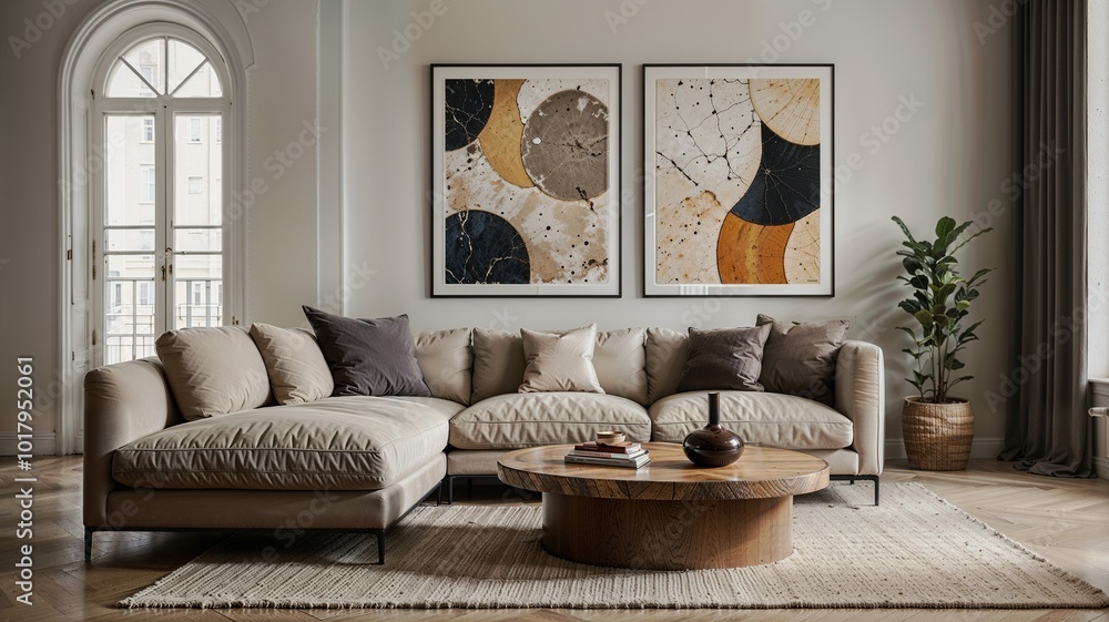 Fototapeta premium Boucle lounge chairs and sofa in classic room. Minimalist interior design of modern living room.