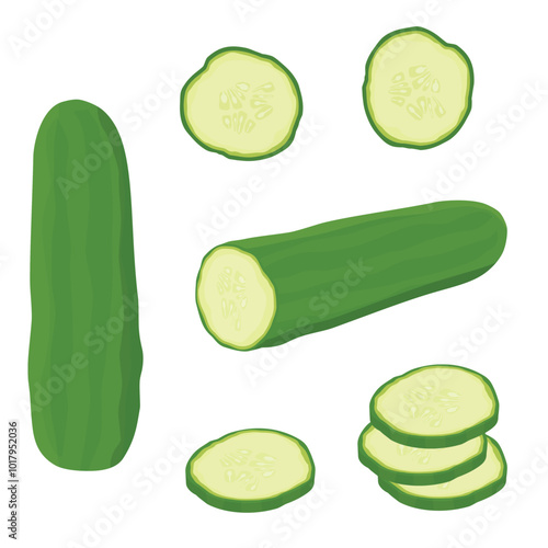 Whole cucumber and cucumber chopped slices. Set of fresh cucumbers isolated on white background