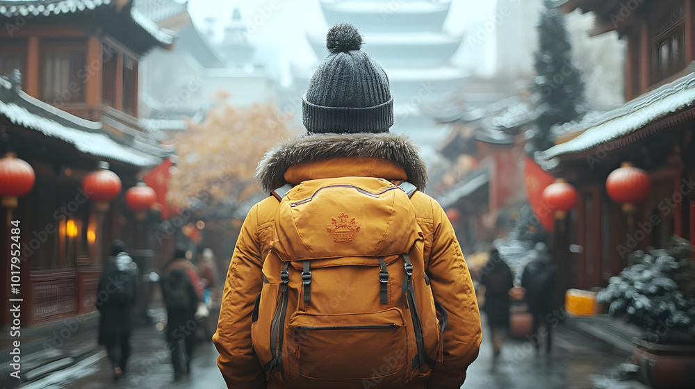 A person in a winter coat stands in a festive street scene. A person in a winter coat stands in a festive street scene.