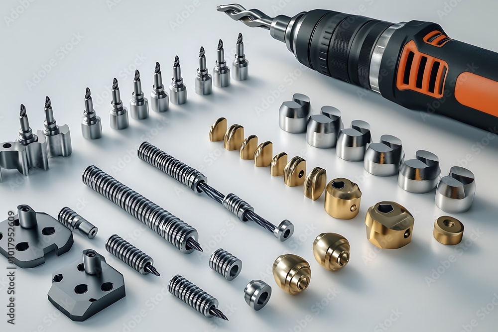 A drill with interchangeable drill bits, arranged neatly on a clean white surface for an organized look. A drill with interchangeable drill bits, arranged neatly on a clean white surface for an organized look.