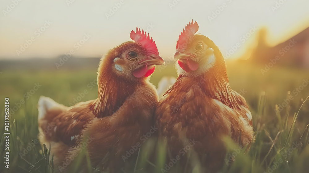 Fototapeta premium Two Chickens in a Field at Sunset.