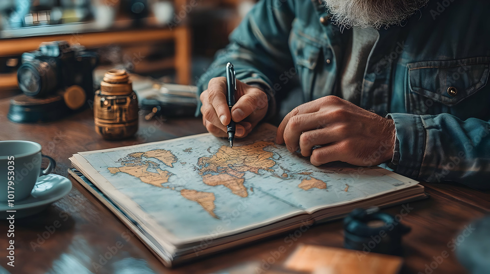 A person marking a map, suggesting travel planning or exploration. A person marking a map, suggesting travel planning or exploration.