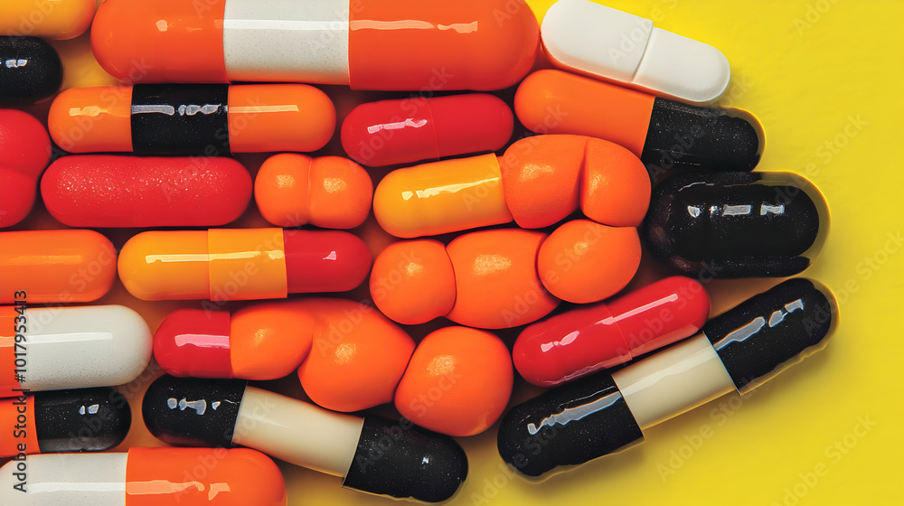 Assorted Pills and Capsules on Yellow Background. Assorted Pills and Capsules on Yellow Background.