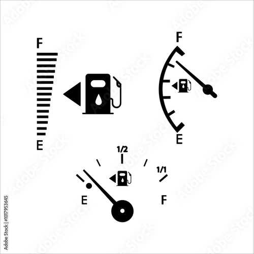set Gas meter fuel indicator. Filled gauge vector tank icon. Gas button on car dashboard
