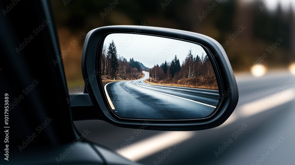 Side-view mirror of a car reflecting a winding road lined with trees and a clear sky, suggesting a scenic drive through a forested area Side-view mirror of a car reflecting a winding road lined with trees and a clear sky, suggesting a scenic drive through a forested area