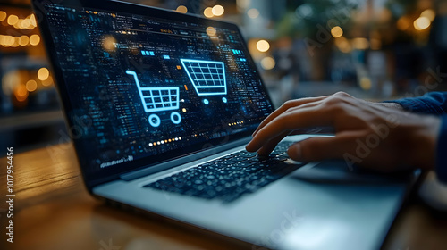 A person using a laptop with a shopping cart interface displayed.